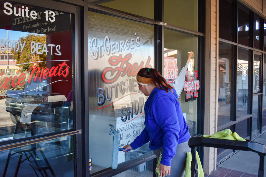DSS Cleaning Windows at Dixie Meats Sunset